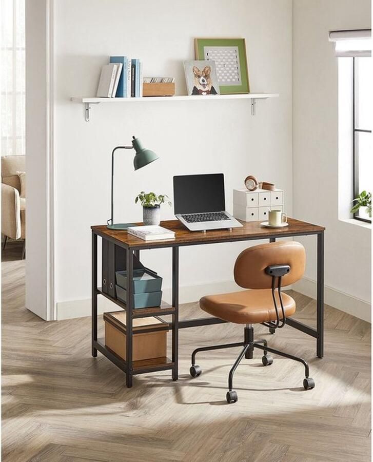 Signature Home Tango Bureau hoekbureau Bureau met 2 Legplanken bureautafel Metalen Frame Bruin Zwart