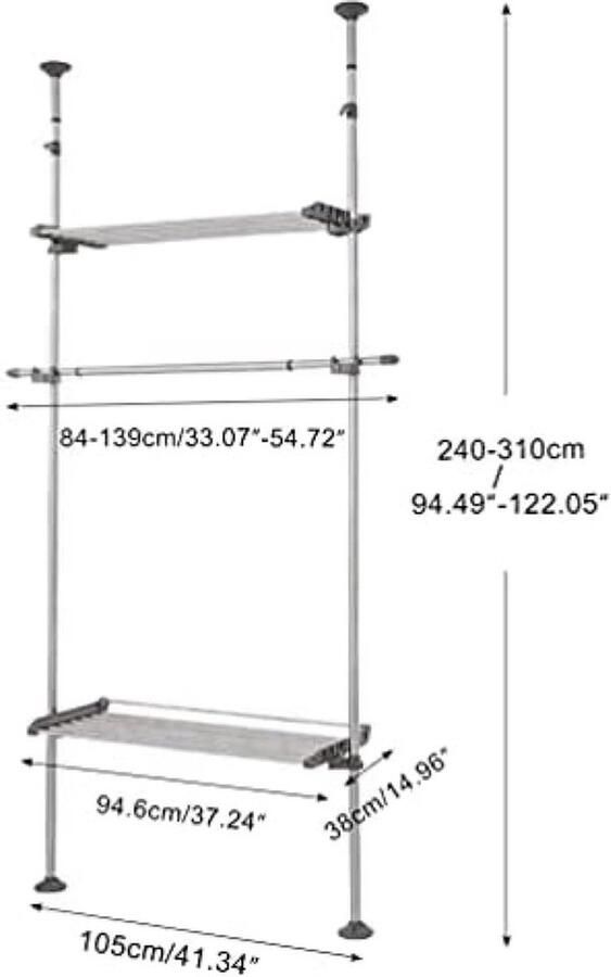 PolkaHome Telescopisch Kledingrek Opbergsysteem Metalen Kapstok met 1 Bar en 2 Opslag Planken Hoogte Verstelbaar van 240-310 cm DIY Garderobe Organizer voor Woonkamer Slaapkamer Kleedkamers