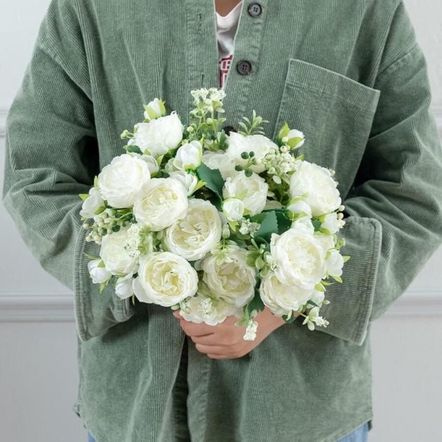 PolkaHome Trossen kunstmatige pioenrozen met 20 knoppen namaakpioenrozen zijden bloemen boeketten voor bruiloft thuis op tafel feest raamdecoratie (wit)