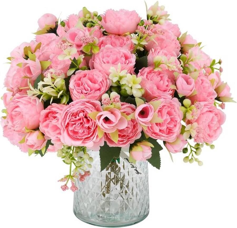 PolkaHome Trossen kunstmatige pioenrozen met 20 knoppen namaakpioenrozen zijden bloemen boeketten voor bruiloft thuis op tafel feest raamdecoratie (roze)
