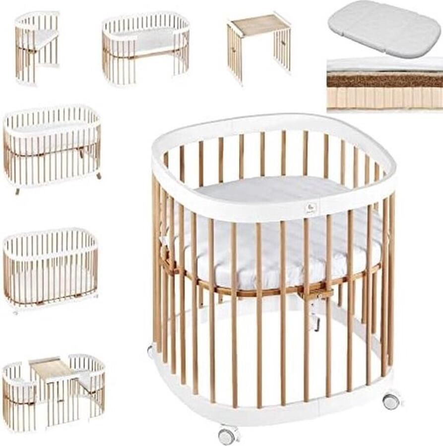PolkaHome tweeto Babybed kinderbed 7-in-1 (Plus) tot 10 functies incl. KOKOS Latex matras