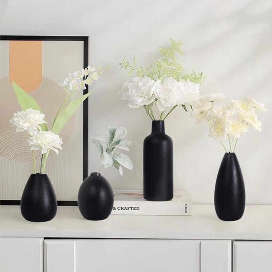 PolkaHome Vaas zwart keramische vazen set van 4 vaas voor decoratie verse bloemen pampasgras gedroogde bloemen thuis woonkamer slaapkamer kantoor idee plank boekenkast tafel mantel