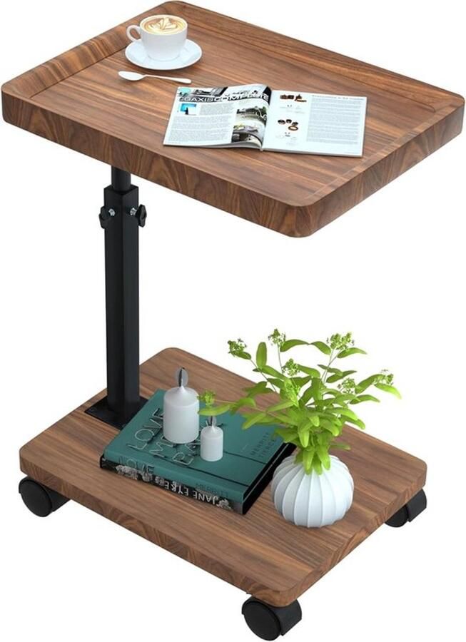 PolkaHome Verstelbare houten C-vormige bijzettafel op wieltjes Notenhouten afwerking 360 graden draaibaar