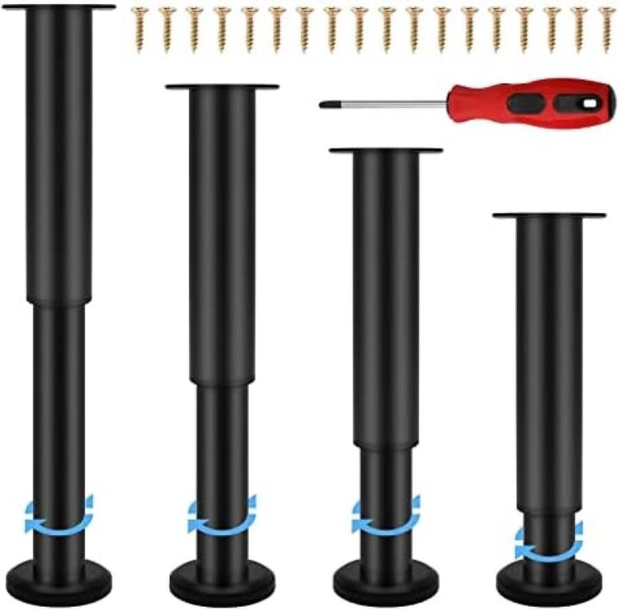 PolkaHome Verstelbare Meubelpoten Set van 4 Stuks Hoogte 18 cm tot 30 cm Zwart Staal Inclusief Schroeven en Schroevendraaier Voor Bank Bed Nachkastje Kast