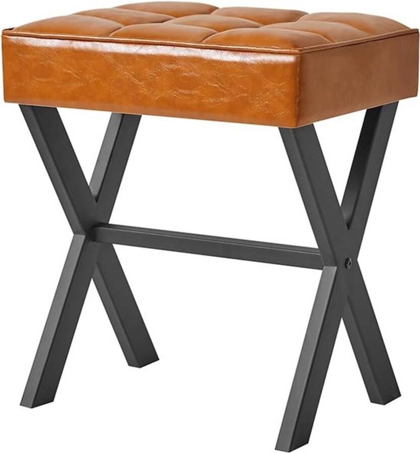 PolkaHome Vierkante make-up kruk met X-poten voetensteun PU voetensteun kruk Ottomaanse zitkruk multifunctioneel als kleine bijzettafel voor slaapkamer woonkamer lichtbruin L G-71J