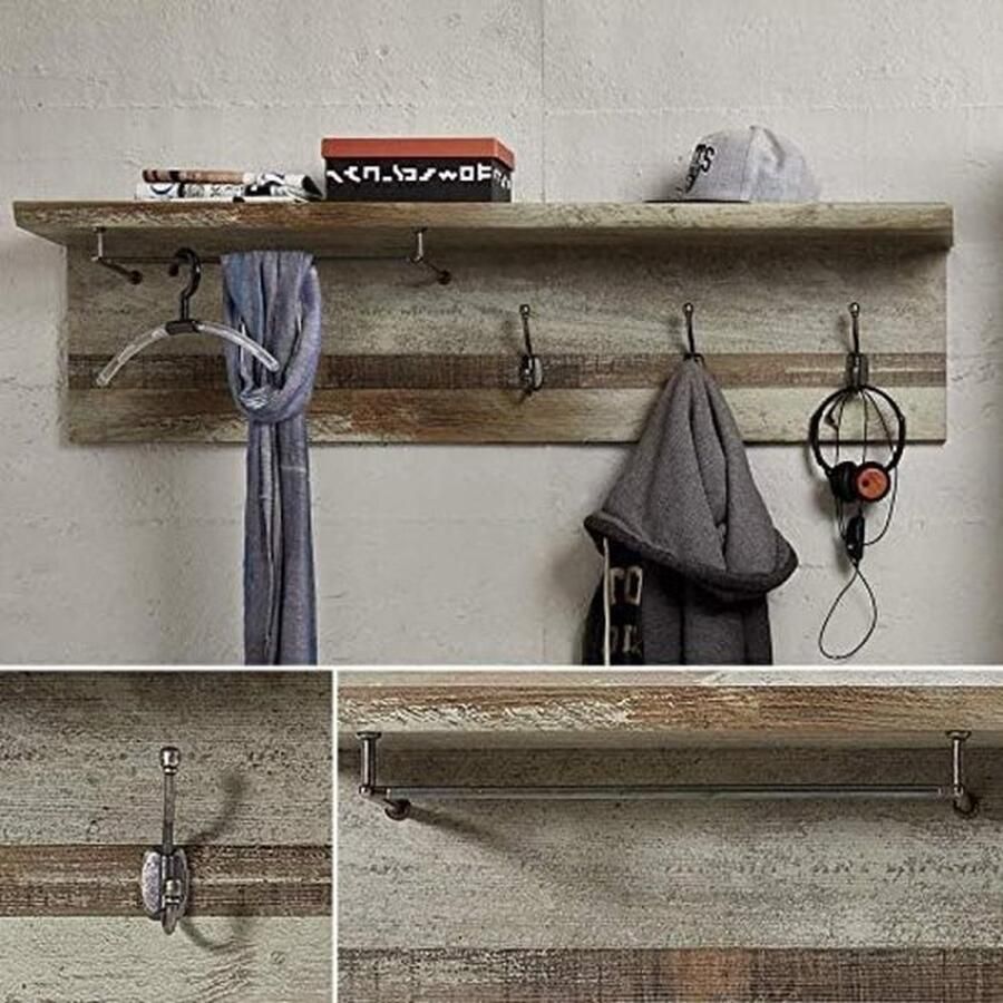 PolkaHome Vintage garderobelijst in driftwood-look retro hoedenrek en betrouwbare wandhaken voor jassen en tassen