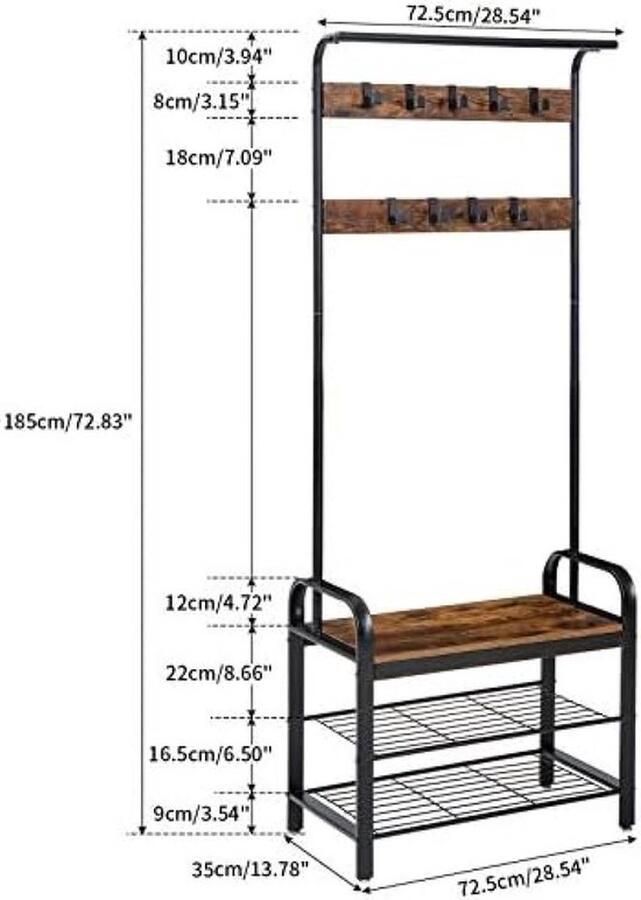 PolkaHome Vintage kapstok 72 5 x 35 x 185 cm garderobe entreekast met schoenenrek met 3 niveaus stabiel metalen frame