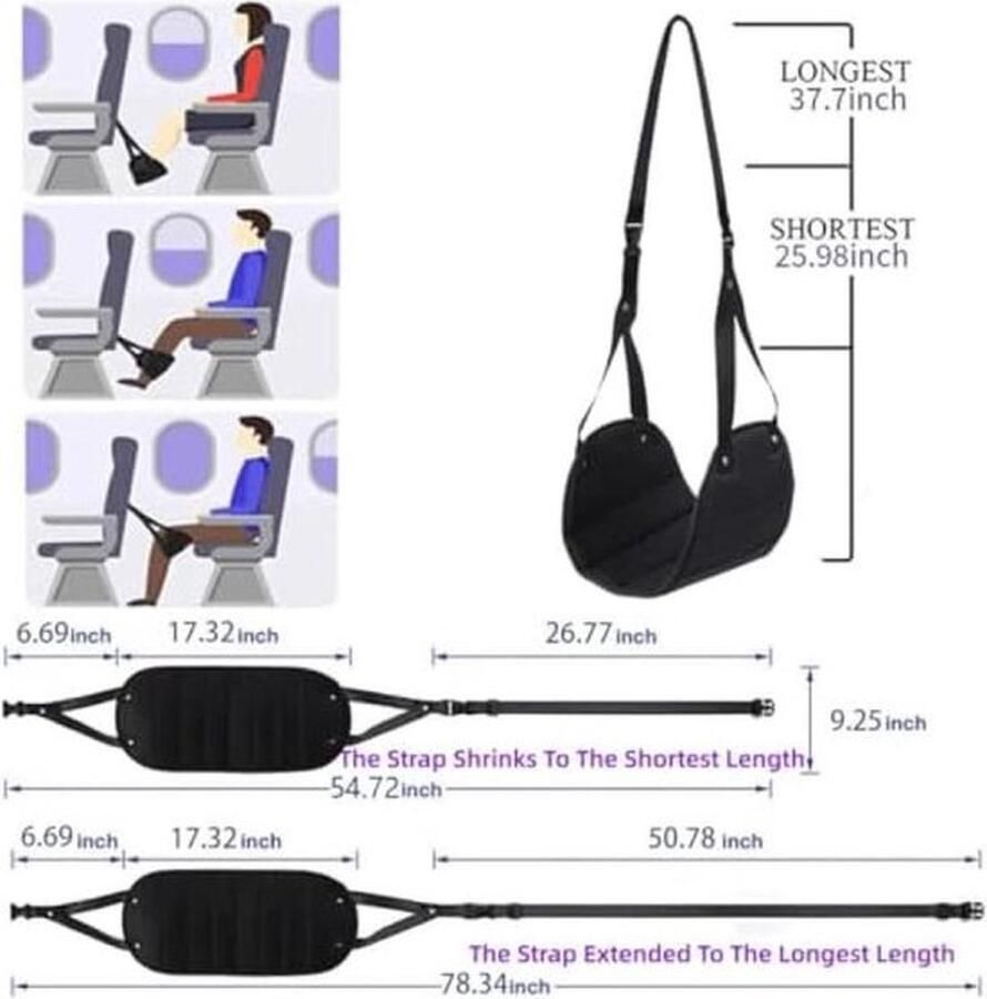 PolkaHome Vliegtuigvoetensteun Pluche Weefsel Draagbare Reisvoetensteun van Premium Traagschuim handbagage voetsteun in hoogte verstelbare voetensteun reisaccessoires voetsteunen hangmat zwart