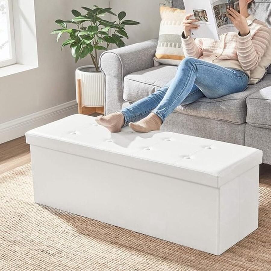 PolkaHome Voetenbank Poefkruk met opbergruimte Voetsteun kruk opbergkruk White 110D x 38W x 38H centimetres