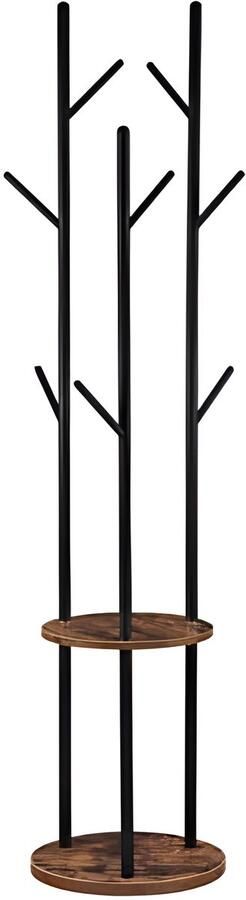 PolkaHome Vrijstaand kledingrek in boomvorm met 8 haken en 2 ronde planken Vintage bruin-zwart
