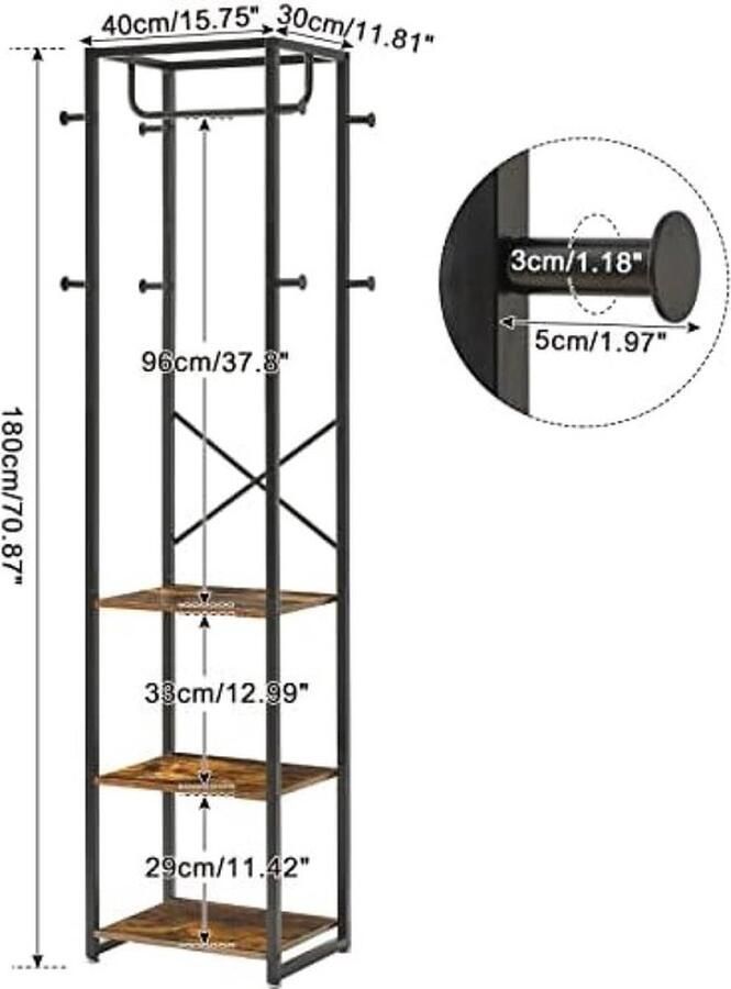 PolkaHome Vrijstaande Kapstok met 3 Planken en 8 Haken Industriële Kledingstandaard