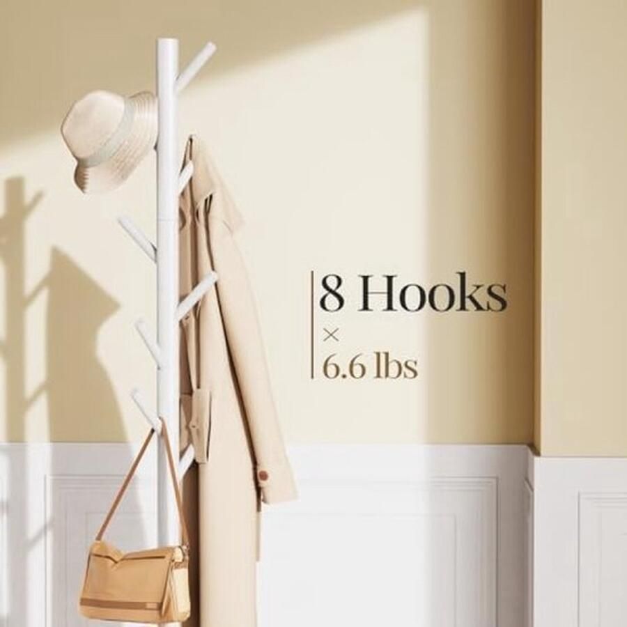 PolkaHome Vrijstaande Kapstok met 3 Verstelbare Maten en 8 Haken Stevige Houten Kapstok Gebruikt in Slaapkamer Kantoor Gang Wit