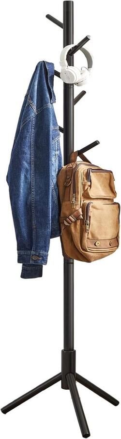 PolkaHome Vrijstaande kapstok van massief hout in boomvorm 8 haken zwart voor kleding hoeden tassen gang entree zwart