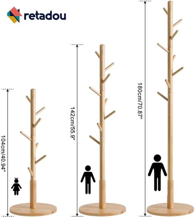 PolkaHome Vrijstaande kledingstandaard in boomvorm kapstok houten vloerstandaard staande kapstok ronde basis met 8 haken voor kleding tassen hoeden woonkamer hal bruin
