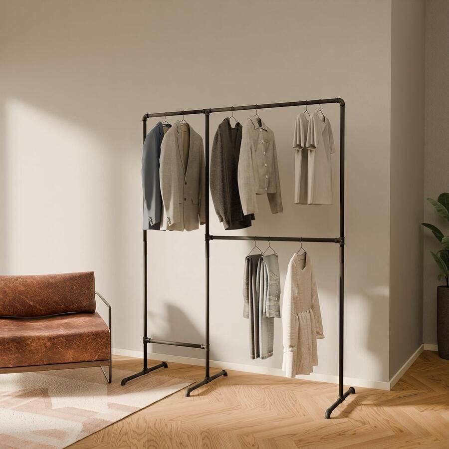 PolkaHome Vrijstaande kledingstang in industrieel loft-design LAS II garderobe voor inloopkast muur slaapkamer kledingrek van zwarte stabiele buizen vrijstaand
