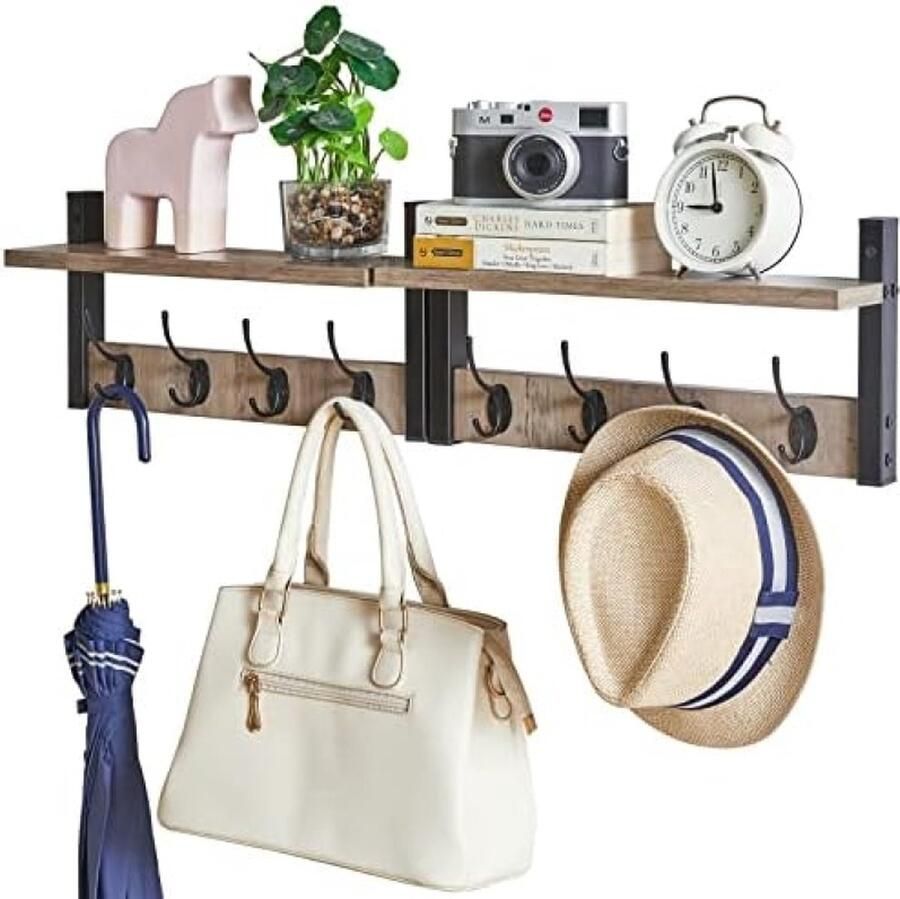 PolkaHome Wandgarderobes met plank set van 2 wandrekken in één pakket garderobehaken met 8 dubbele haken 80 cm voor hoeden kleding decoratie in de ingang hal keuken slaapkamer grijs