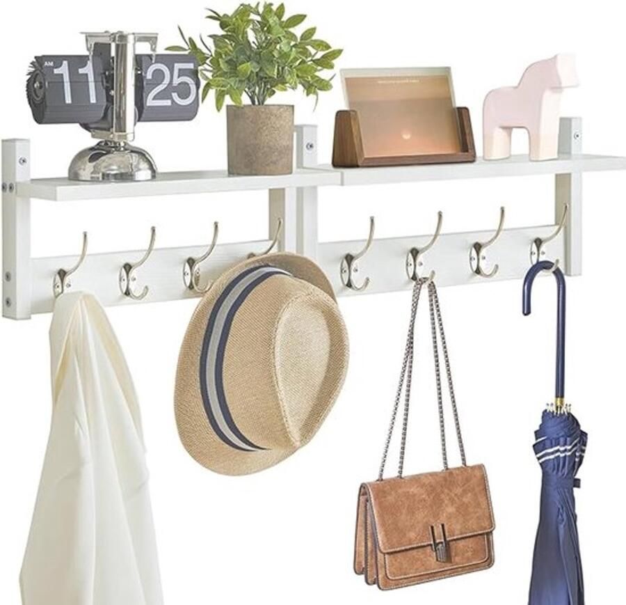 PolkaHome Wandgarderobes met plank set van 2 wandrekken in één pakket garderobehaken met 8 dubbele haken 80 cm voor hoeden kleding decoratie in de ingang hal keuken slaapkamer wit HWS001W-2