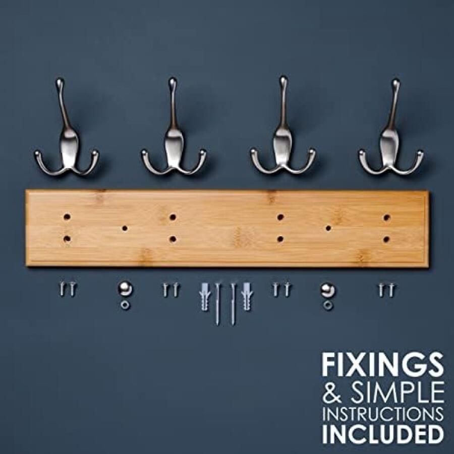 PolkaHome Wandkapstok met 4 Haken Moderne Muurkapstok in Bamboe en Mat-Nikkel 42 cm Stevig en Stijlvol