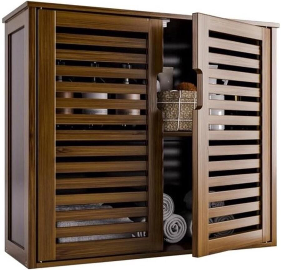 PolkaHome Wandkast bamboe medicijnkastje hangend badkamerhangkast met 2 deuren en verstelbare planken boven het toilet badkamerkast wandmontage walnoot