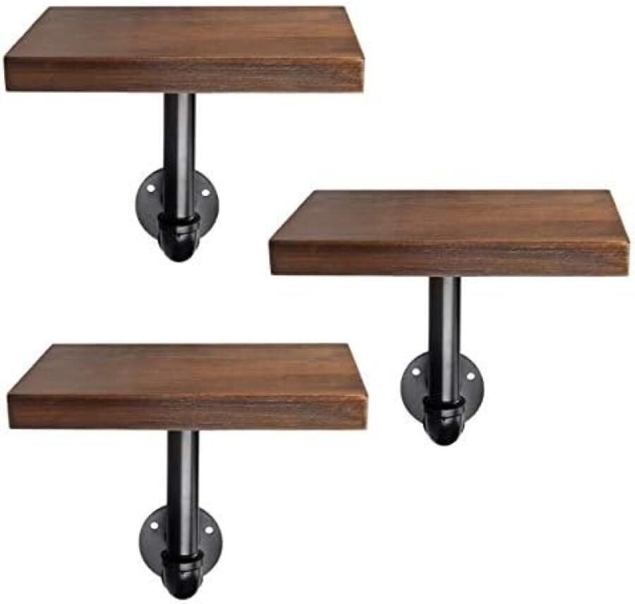 PolkaHome Wandplank Set 3 Industriële Houten Wandplanken met Metalen Pijp Decoratieve Muurplanken voor Woonkamer Slaapkamer of Badkamer 20 x 15 x 2 cm Donkerbruin