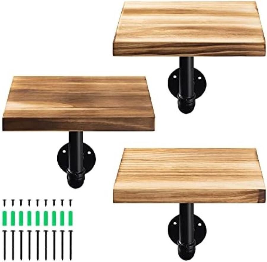 PolkaHome Wandplank Set van 3 Rechthoekige wandplanken van hout Met industriële metalen pijp Muurplanken voor woondecoratie 20 x 15 x 2 cm Bruin