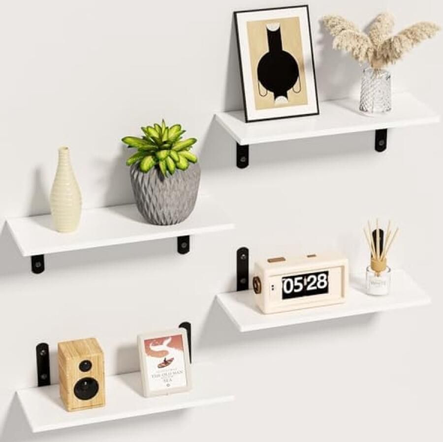 PolkaHome Wandplank Set van 4 Zwevende Planken Moderne Wanddecoratie voor Woonkamer Slaapkamer Badkamer of Keuken Wit