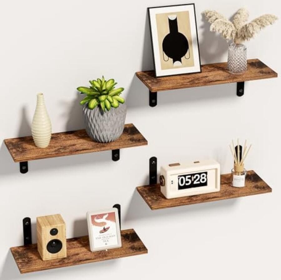 PolkaHome Wandplank Set van 4 Zwevende Planken Wanddecoratie voor Woonkamer Slaapkamer Badkamer Keuken Bruin
