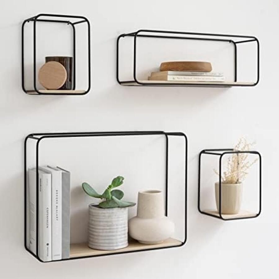 PolkaHome Wandplanken 4-Delige Plankenunit in Metaal en Echt Houtfineer Moderne Wanddecoratie en Opslagplank voor Badkamer Woonkamer Keuken en Slaapkamer Berk