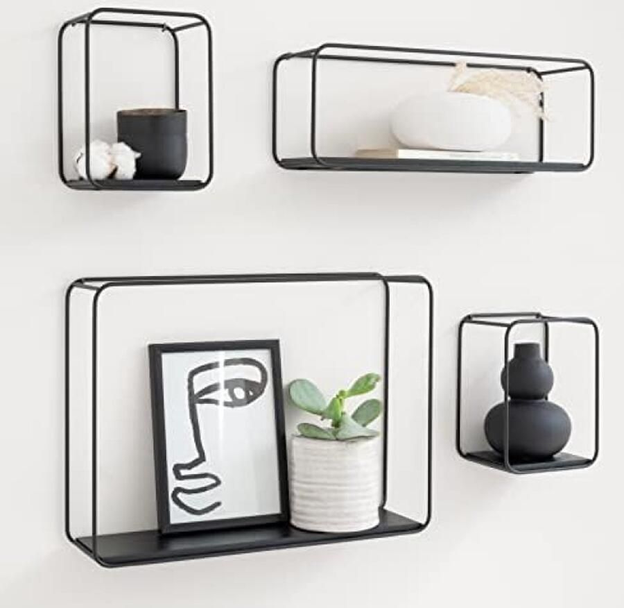 PolkaHome Wandplanken 4-Delige Plankenunit van Metaal en Echt Houtfineer Wanddecoratie Opslag en Boekenplank voor Badkamer Woonkamer Keuken Slaapkamer Eiken Zwart