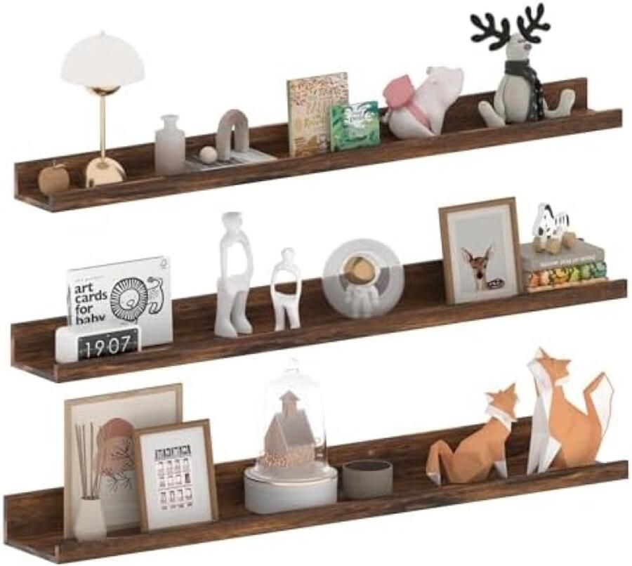 PolkaHome Wandplanken Set van 3 Zwevende Wandplanken van Hout Rustieke Stijl Bruin Geschikt voor Slaapkamer Kantoor Woonkamer en Keuken 90 cm