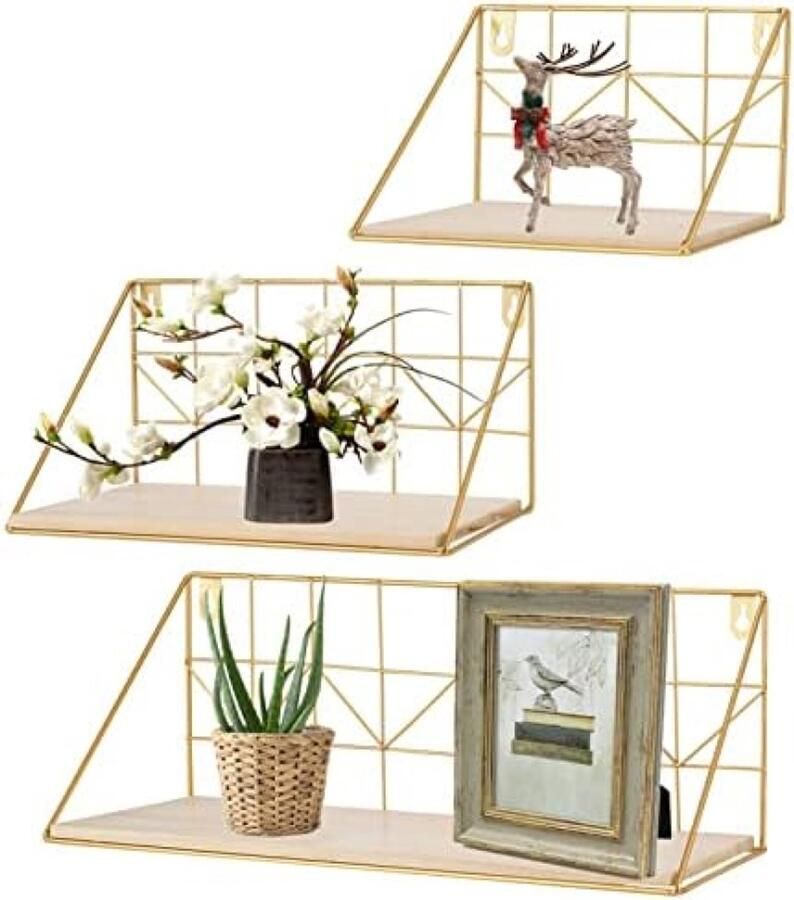 PolkaHome Wandrek Goud Metaal Set van 3 Hangende Houten Plank Keukenplanken Muur Hangplanken Wandplanken Decoratie voor Slaapkamer Woonkamer Keuken Kantoor