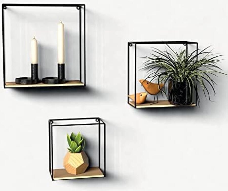 PolkaHome Wandrek Hout Metaal Set van 3 Zwevend Wandrek Hangende Wandkast Industrieel Design Zwart