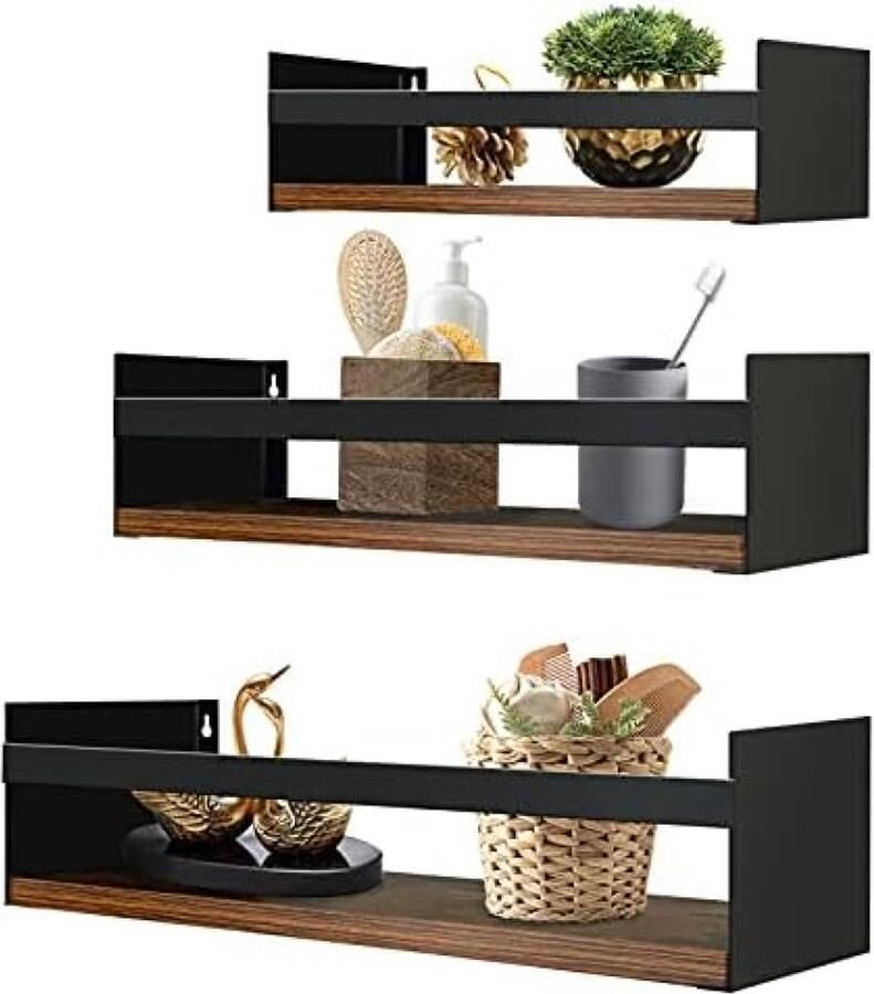 PolkaHome Wandrek met Houten Planken en Metalen Houders