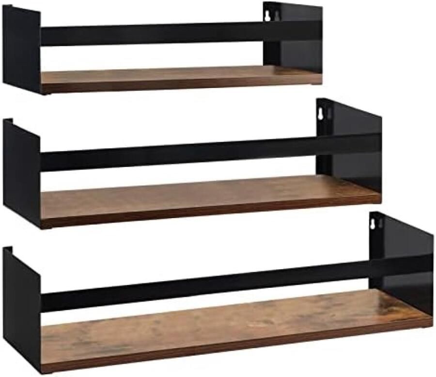 PolkaHome Wandrek Set van 3 Zwevend Rek met Rustieke Houten Plank en Zwart Metaal voor Keuken Badkamer Woonkamer Kantoor 60 cm Stijlvol en Functioneel