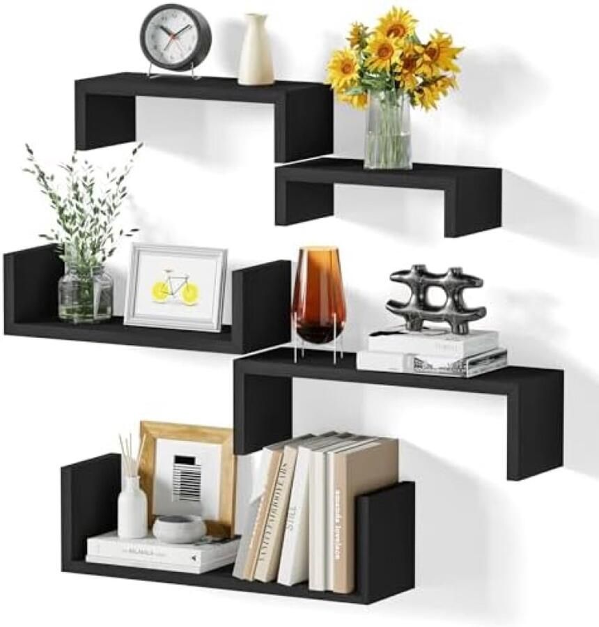 PolkaHome Wandrek Set van 5 Zwevende Planken Maximale Belasting 40 kg Moderne Wandplanken voor Woonkamer Badkamer Slaapkamer Kantoor of Keuken Zwart