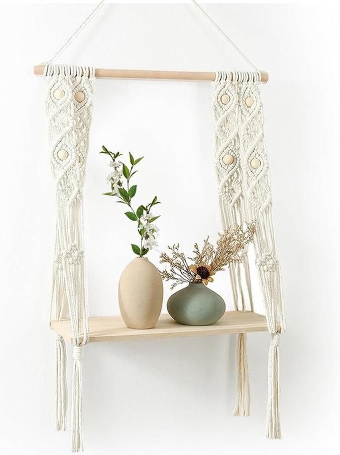 PolkaHome Wandrek van hout boho macramé wandbehang handgeweven zwevende plank boho-wanddecoratie voor balkon slaapkamer badkamer woonkamer binnenplaats 44 x 90 cm