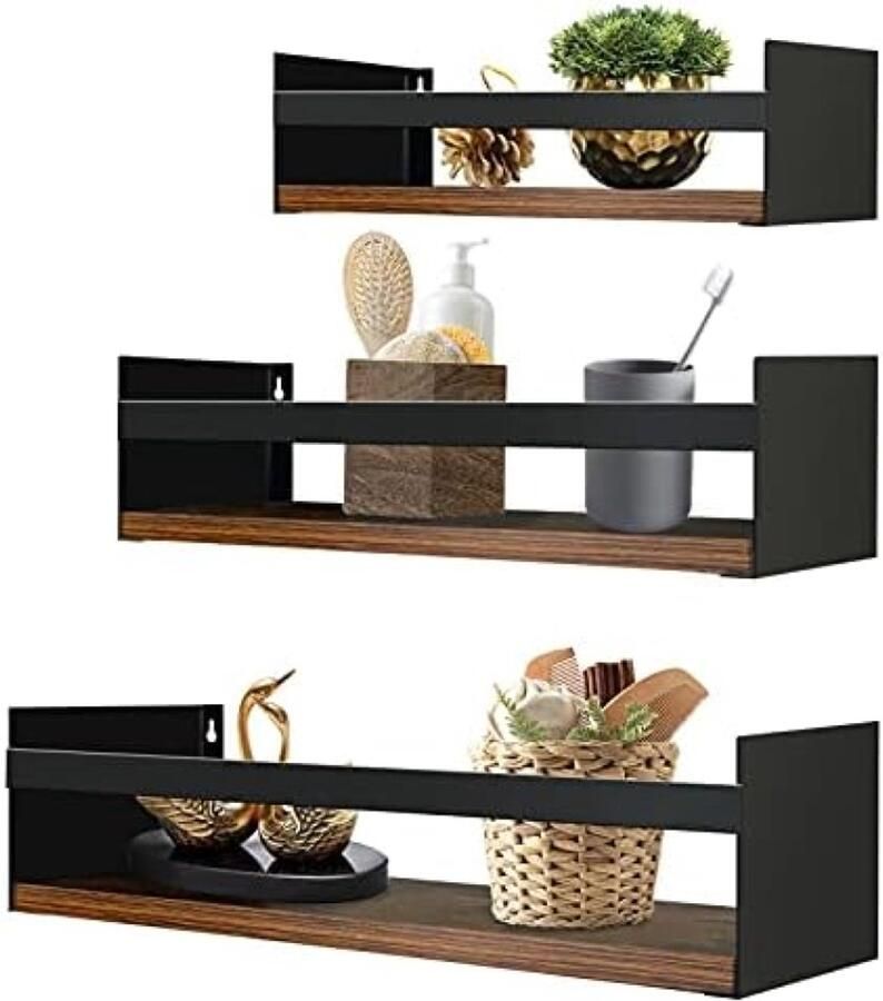 PolkaHome Wandrek van hout en metaal 3-delige set Geschikt voor keuken badkamer woonkamer en kantoor Opbergplanken voor kruidenpotjes toiletartikelen en decoratie