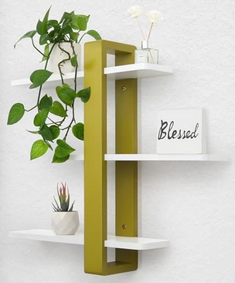 PolkaHome Witte en Groene Grenen Zwevende Wandplanken Set 3 Laags Verstelbare Planken voor Woonkamer Slaapkamer Kantoor of Badkamer 50 cm Moderne Woondecoratie voor Planten Foto's en Boeken