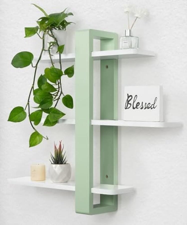 PolkaHome Witte en Groene Grenen Zwevende Wandplanken Set 3 Laags Verstelbare Planken voor Woonkamer Slaapkamer of Kantoor 50 cm Wanddecoratie voor Planten Foto's en Boeken