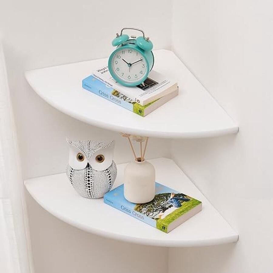 PolkaHome Witte hoekplank muurbevestiging massief eikenhout set van 2 zwevende hoekplanken met draadgat voor luidsprekers planten of decoratie in slaapkamer keuken of woonkamer