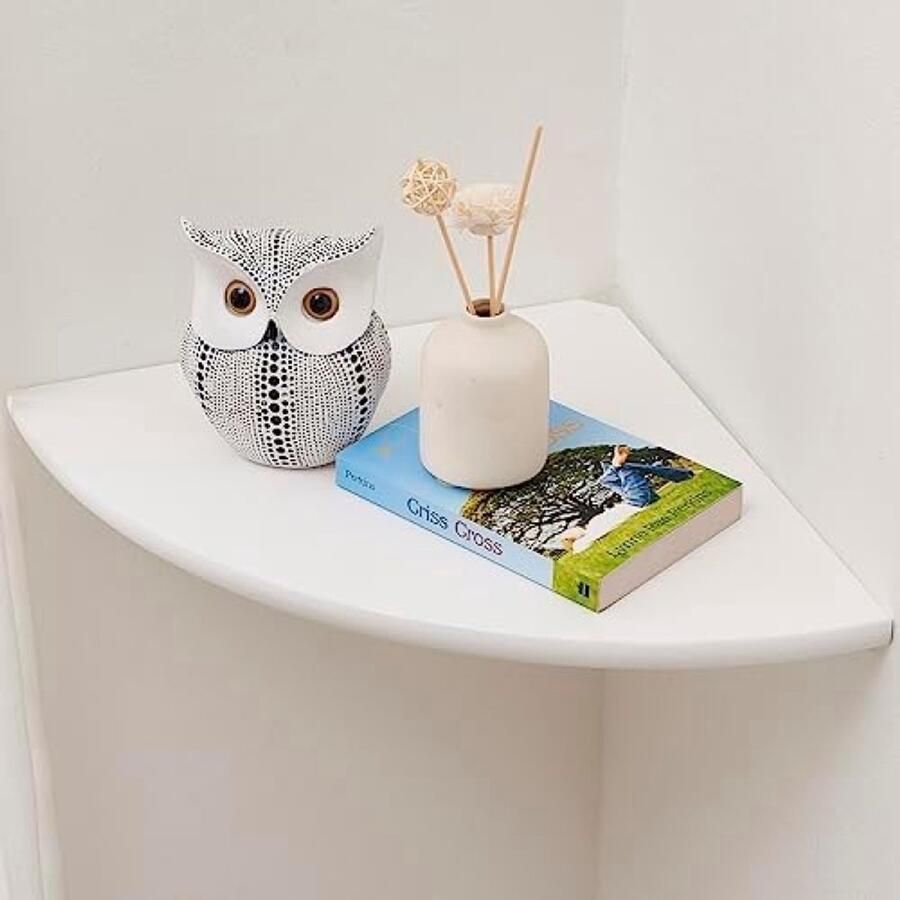 PolkaHome Witte Hoekschaal van Massief Eikenhout Zwevende Wandplank met Rond Uiteinde Hoekstandaard voor Planten Slaapkamer Badkamer of Woonkamer