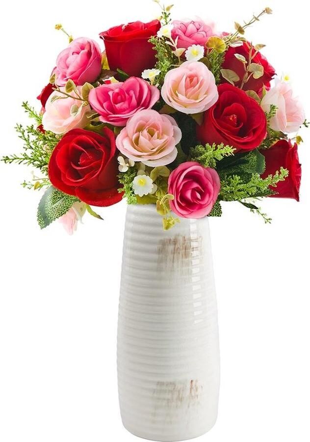 PolkaHome woonkamer decoratie Retro Witte Keramische Geribbelde Vaas Modern Boeren Decoratieve Vaas Rustiek Huis Decor Ideaal voor Pampagras & Bloemen Boekenplank Haardmantel Tafel Hal en Woonkamer Decoratie