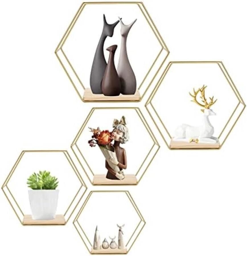 PolkaHome Zeshoekige Wandplanken Set van 5 Goudkleurig Metaal en Hout Opbergplanken voor Keuken Badkamer Woonkamer Slaapkamer of Kantoor