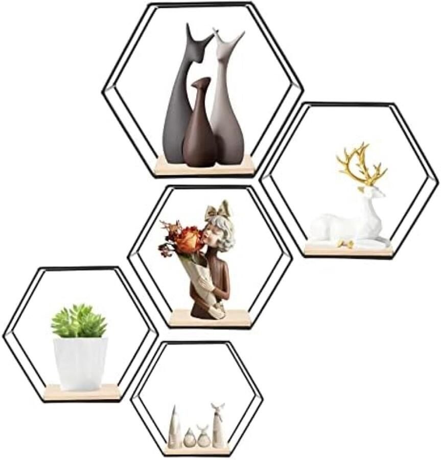 PolkaHome Zeshoekige Wandplanken Set van 5 Zwart Metaal en Hout Opbergplanken voor Keuken Badkamer Woonkamer Slaapkamer of Kantoor Zwevende Planken voor Planten Boeken en Decoratie