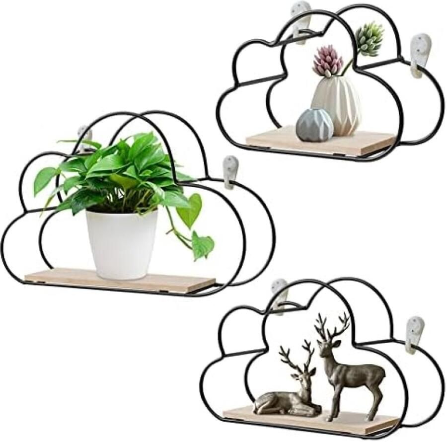 PolkaHome Zwarte wandplank set van 3 Metaal decoratief hangrek voor woonkamer slaapkamer badkamer Moderne loft wanddecoratie