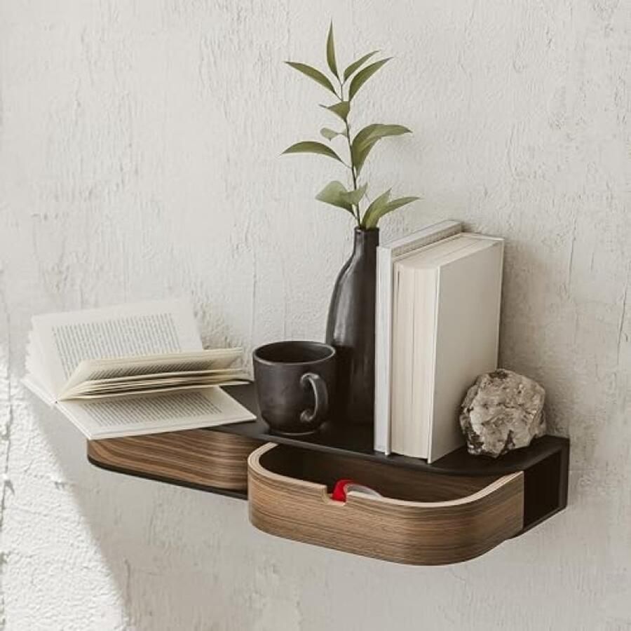 PolkaHome Zwevend Wandrek met 2 Laden Modern Hangend Wandrek van Hout Multifunctioneel Opbergrek voor Slaapkamer Woonkamer of Kantoor Zwart