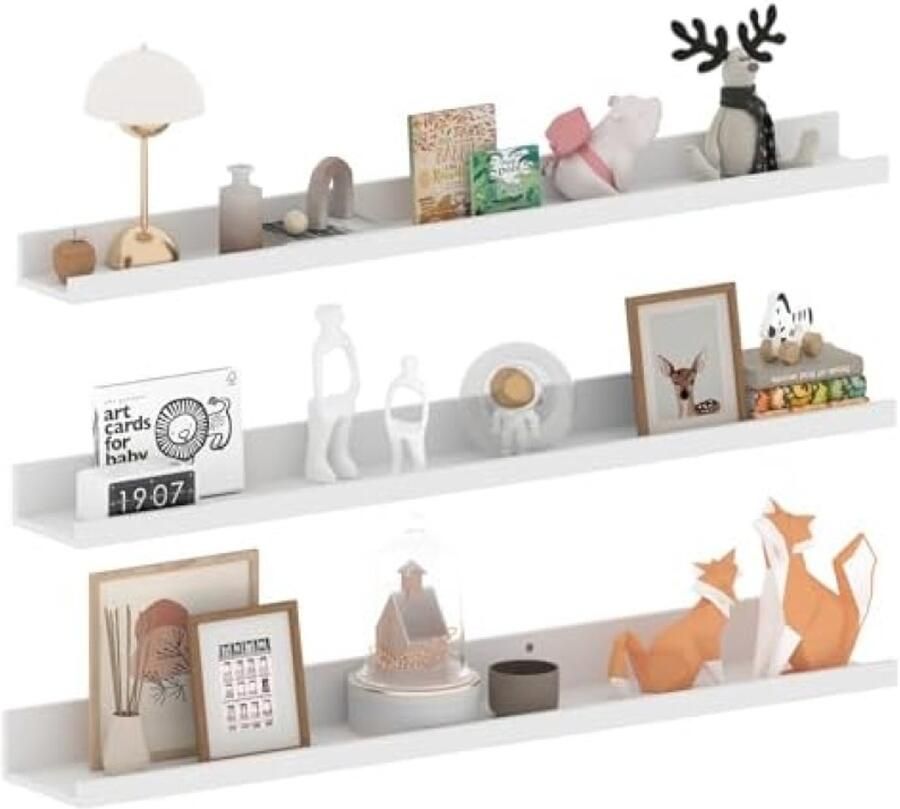 PolkaHome Zwevend Wandrek Set van 3 Witte Houten Wandplanken voor Slaapkamer Badkamer of Keuken 90 cm Modern en Elegant Ontwerp