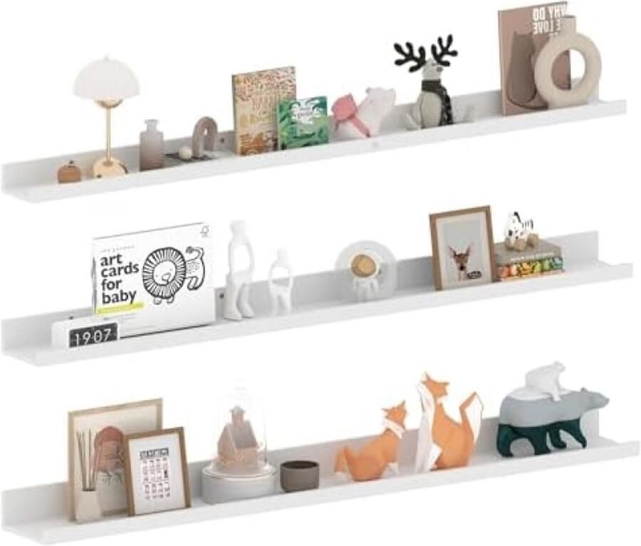 PolkaHome Zwevend Wandrek Set van 3 Witte Houten Wandplanken voor Slaapkamer Badkamer of Keuken 120 cm Modern en Elegant Ontwerp