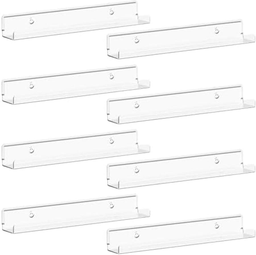 PolkaHome Zwevende Acryl Planken voor Vinyl Platen Set van 8 Transparante Muurplanken voor Boek Foto en Make-up Display in Slaapkamer Woonkamer of Badkamer