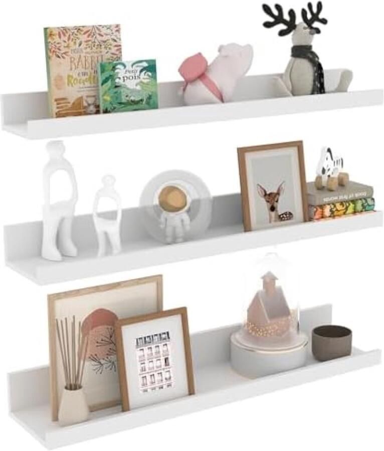 PolkaHome Zwevende Planken Set van 3 Witte Houten Wandplanken voor Slaapkamer Badkamer of Keuken 60 cm Lengte Modern en Elegant Ontwerp